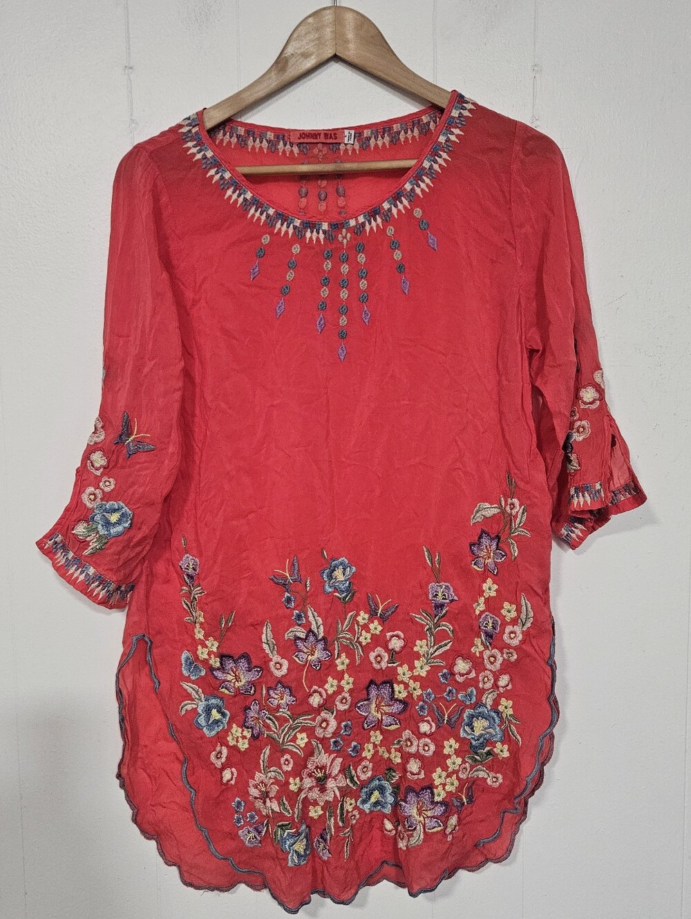 Johnny Was Coral-Red Embroidered Floral Tunic